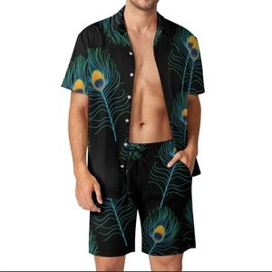 Men Hawaiian 2 Piece set Button Down Shirt Shorts, black w/ peacock feathers new